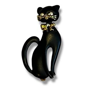 Vintage 2" Black Cat Pin Brooch Rhinestone Eyes Gold Bow Matte Finish Halloween